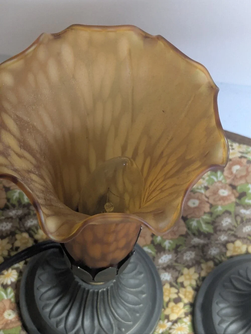 Vintage Amber Glass Pond Lily Tulip Trumpet Table Lamps